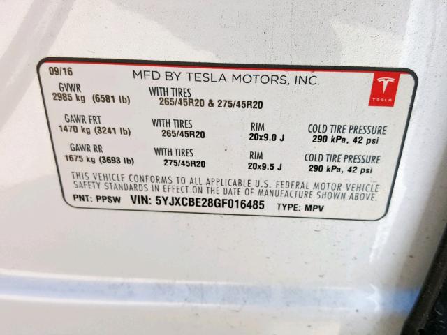 5YJXCBE28GF016485 - 2016 TESLA MODEL X WHITE photo 10