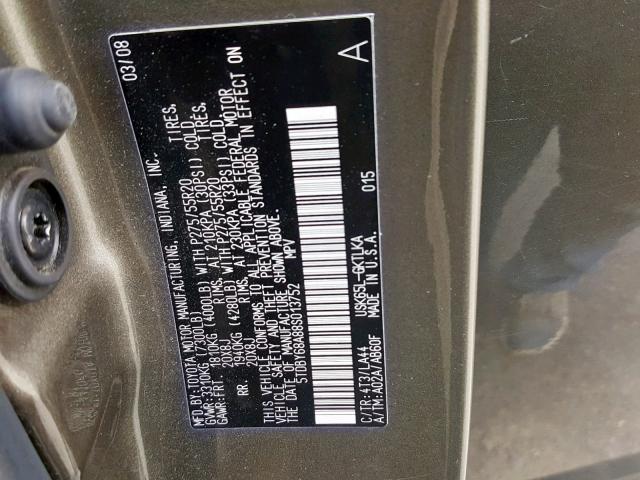 5TDBY68A88S013752 - 2008 TOYOTA SEQUOIA LI GRAY photo 10