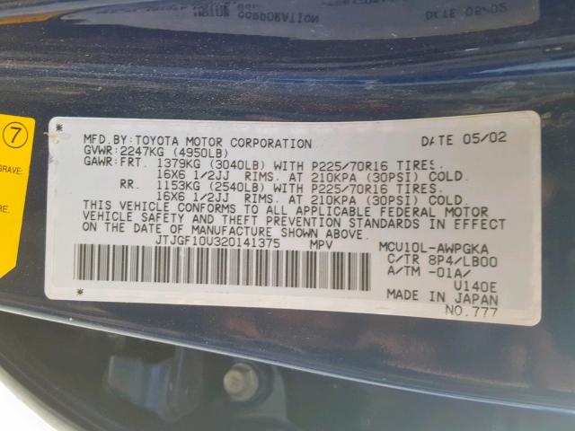 JTJGF10U320141375 - 2002 LEXUS RX 300 BLUE photo 10