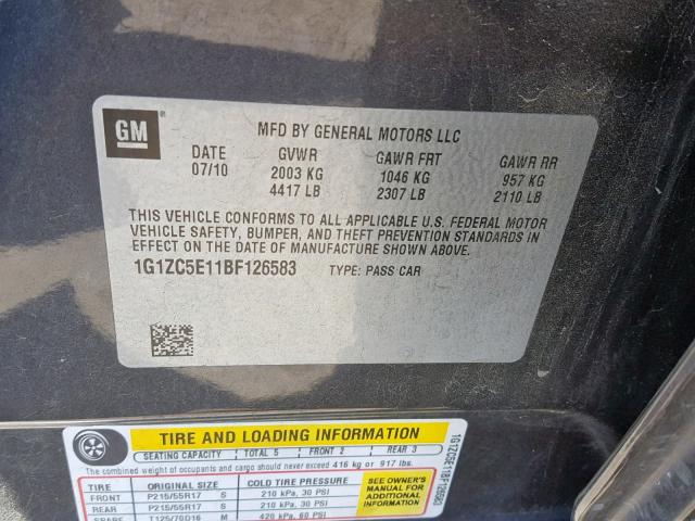 1G1ZC5E11BF126583 - 2011 CHEVROLET MALIBU 1LT 石墨色 照片 10