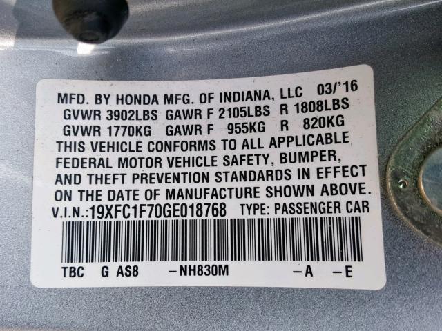 19XFC1F70GE018768 - 2016 HONDA CIVIC EXL 银色 照片 10