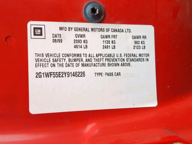 2G1WF55E2Y9146226 - 2000 CHEVROLET IMPALA RED photo 10