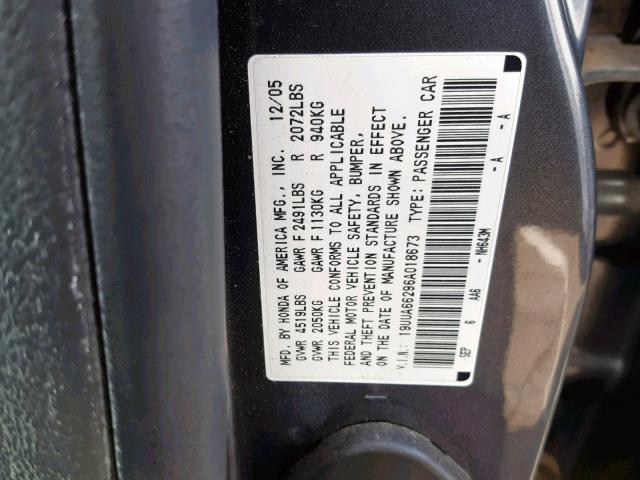 19UUA66296A018673 - 2006 ACURA 3.2TL GRAY photo 10