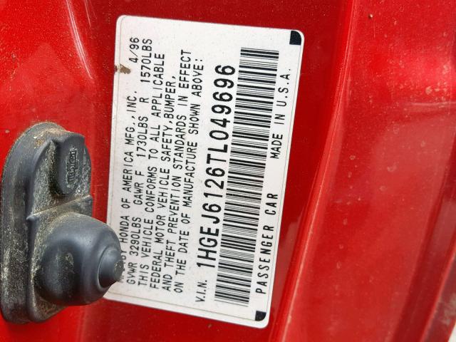 1HGEJ6126TL049696 - 1996 HONDA CIVIC DX RED photo 10