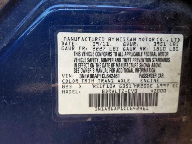 3N1AB6AP1CL642461 - 2012 NISSAN SENTRA 2.0 BLUE photo 10