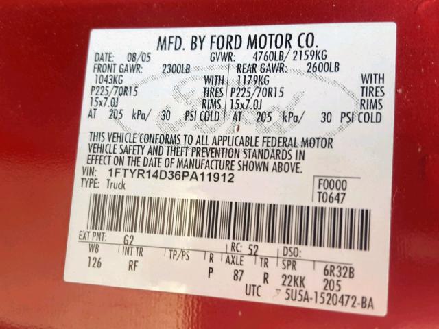 1FTYR14D36PA11912 - 2006 FORD RANGER SUP RED photo 10