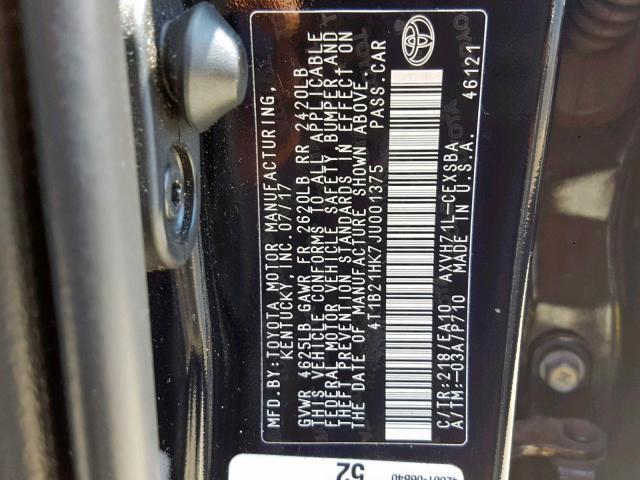 4T1B21HK7JU001375 - 2018 TOYOTA CAMRY HYBR BLACK photo 10