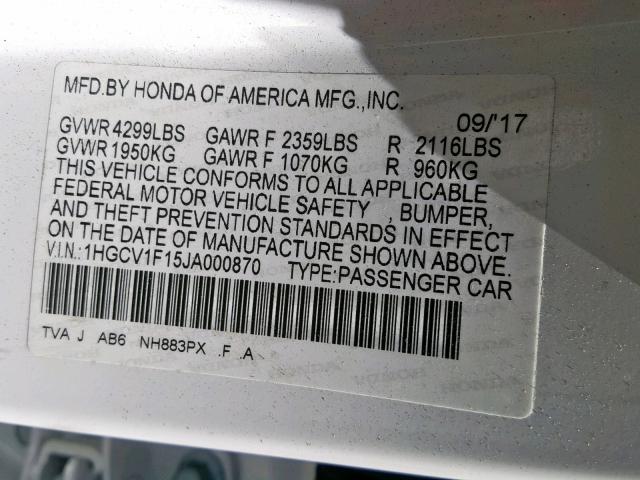 1HGCV1F15JA000870 - 2018 HONDA ACCORD LX WHITE photo 10