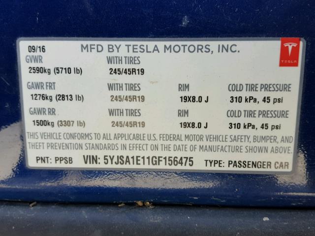 5YJSA1E11GF156475 - 2016 TESLA MODEL S BLUE photo 10