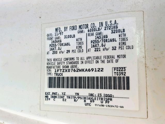 1FTZX0762WKA69122 - 1998 FORD F150 WHITE photo 10