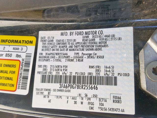 3FA6P0G78ER255646 - 2014 FORD FUSION S BLACK photo 10