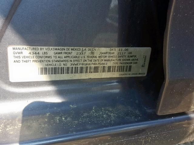 3VWEF81K87M075861 - 2007 VOLKSWAGEN JETTA WOLF 银色 照片 10