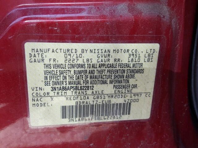 3N1AB6AP5BL622812 - 2011 NISSAN SENTRA 2.0 RED photo 10