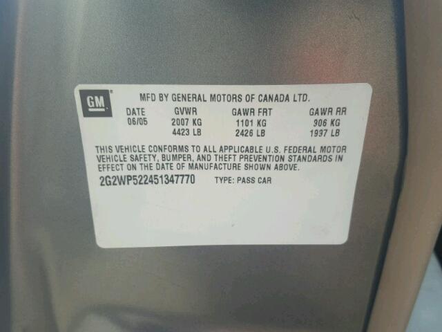 2G2WP522451347770 - 2005 PONTIAC GRAND PRIX Сұр фото 10
