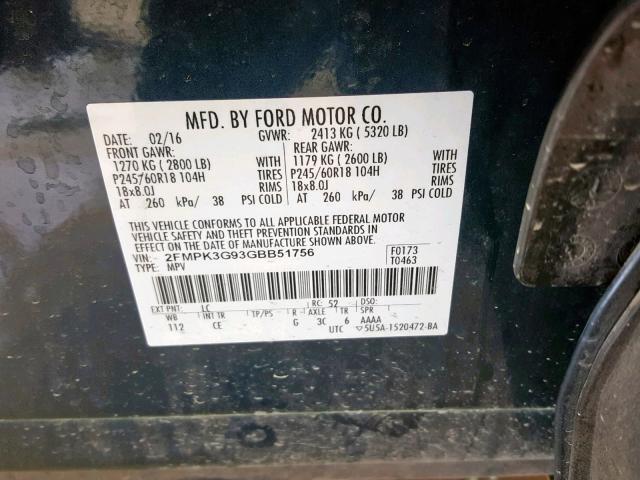 2FMPK3G93GBB51756 - 2016 FORD EDGE SE BLUE photo 10