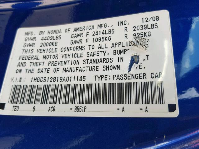 1HGCS12819A011145 - 2009 HONDA ACCORD EXL BLUE photo 10