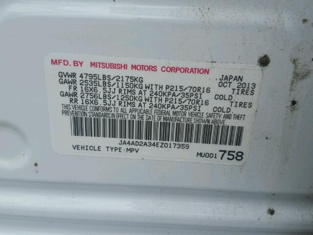 JA4AD2A34EZ017359 - 2014 MITSUBISHI OUTLANDER WHITE photo 10