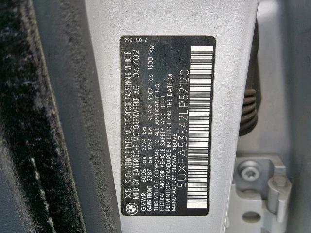 5UXFA53542LP52120 - 2002 BMW X5 3.0I SILVER photo 10