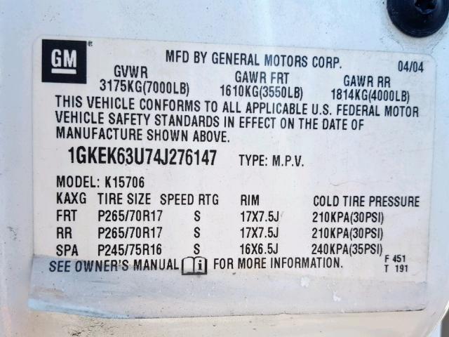 1GKEK63U74J276147 - 2004 GMC YUKON DENA WHITE photo 10