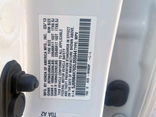 5J6RM4H76DL055944 - 2013 HONDA CR-V EXL WHITE photo 10