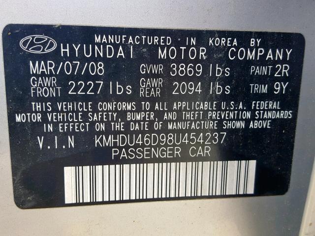 KMHDU46D98U454237 - 2008 HYUNDAI ELANTRA GL GRAY photo 10