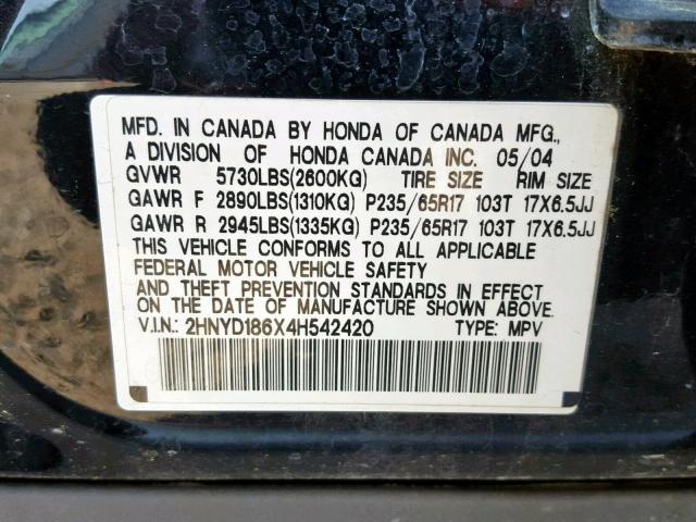 2HNYD186X4H542420 - 2004 ACURA MDX TOURIN BLACK photo 10