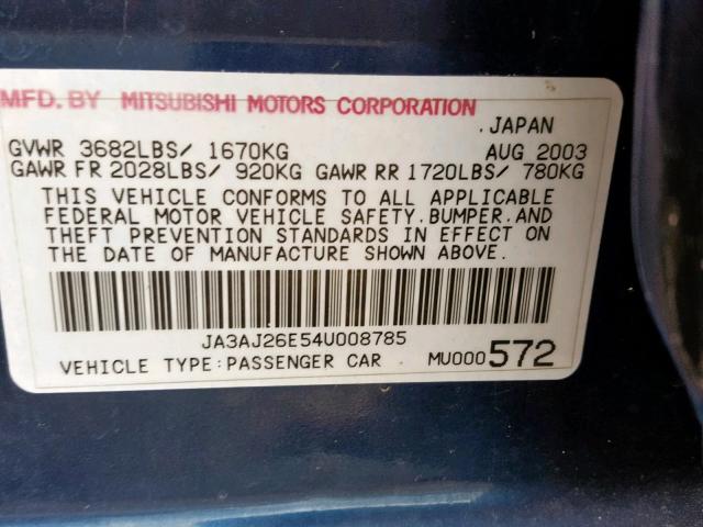 JA3AJ26E54U008785 - 2004 MITSUBISHI LANCER ES BLUE photo 10