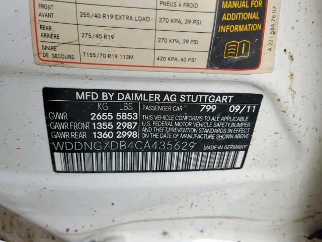 WDDNG7DB4CA435629 - 2012 MERCEDES-BENZ S 550 WHITE photo 10