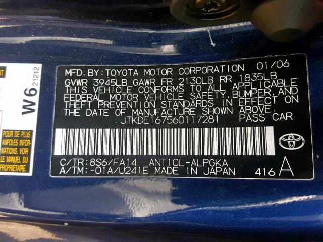 JTKDE167560117281 - 2006 TOYOTA SCION TC ლურჯი ფოტო 10