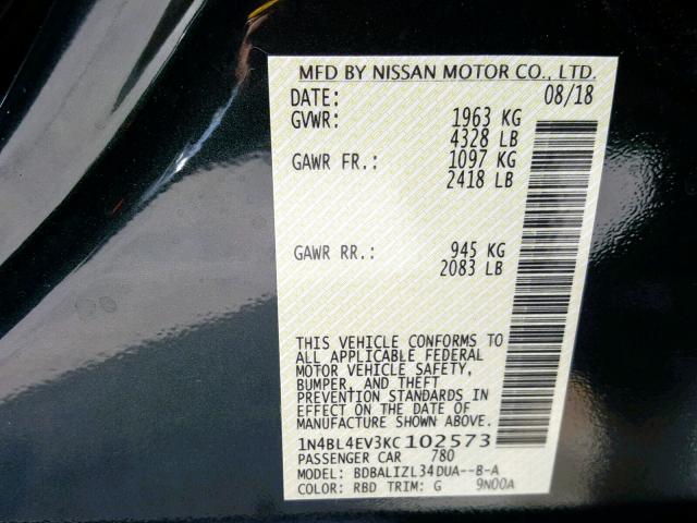 1N4BL4EV3KC102573 - 2019 NISSAN ALTIMA SL GRAY photo 10