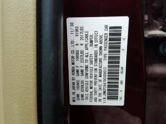 JHMCP26479C009013 - 2009 HONDA ACCORD LX- MAROON photo 10