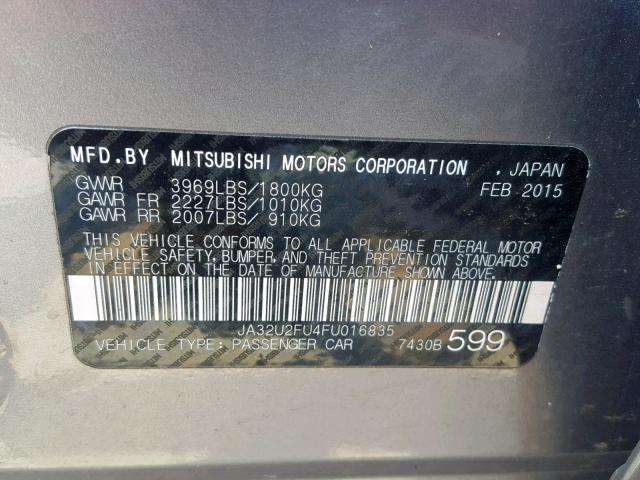 JA32U2FU4FU016835 - 2015 MITSUBISHI LANCER ES GRAY photo 10