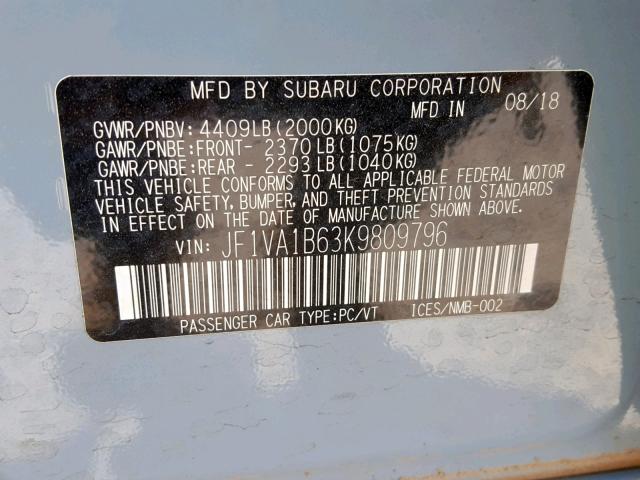 JF1VA1B63K9809796 - 2019 SUBARU WRX PREMIU GRAY photo 10