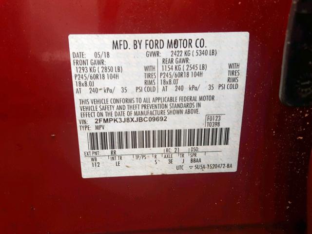 2FMPK3J8XJBC09692 - 2018 FORD EDGE SEL RED photo 10