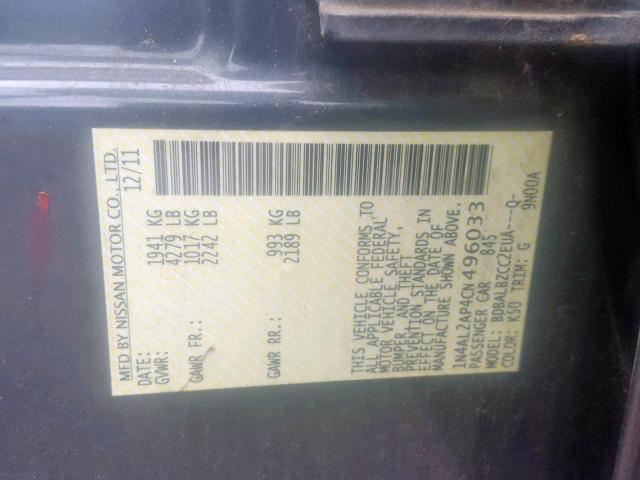 1N4AL2AP4CN496033 - 2012 NISSAN ALTIMA BAS GRAY photo 10