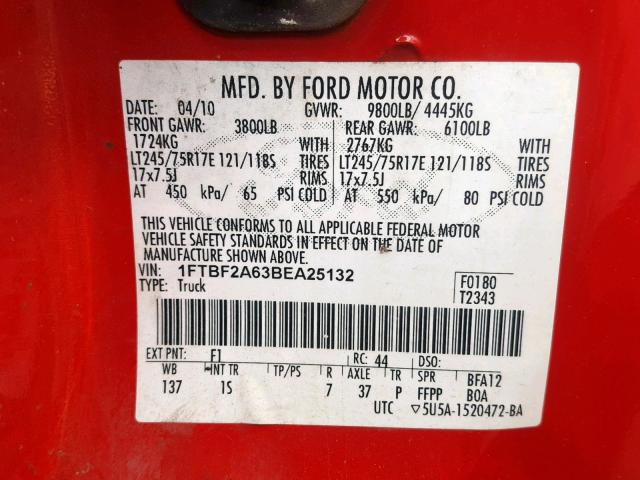 1FTBF2A63BEA25132 - 2011 FORD F250 SUPER RED photo 10