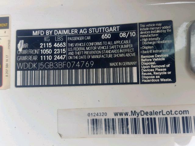 WDDKJ5GB3BF074769 - 2011 MERCEDES-BENZ E 350 WHITE photo 10