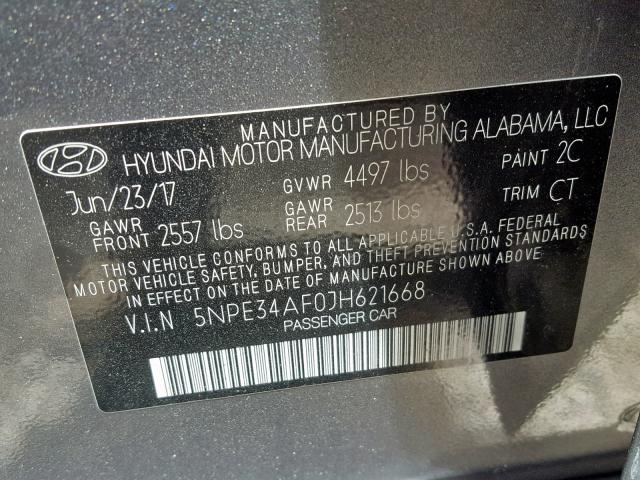 5NPE34AF0JH621668 - 2018 HYUNDAI SONATA SPO GRAY photo 10