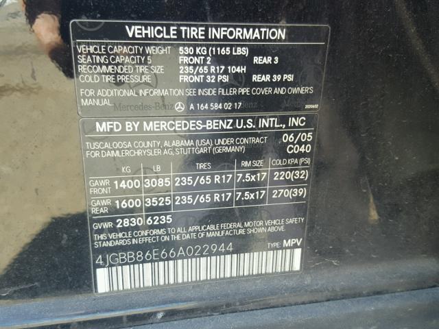 4JGBB86E66A022944 - 2006 MERCEDES-BENZ ML 350 BLACK photo 10