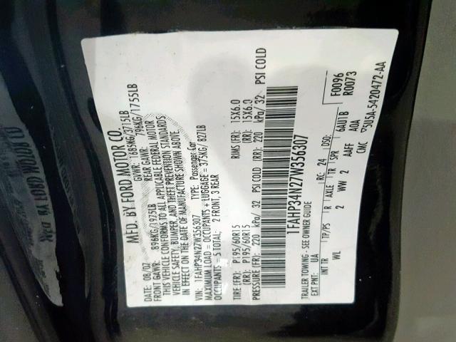 1FAHP34N27W356307 - 2007 FORD FOCUS ZX4 BLACK photo 10