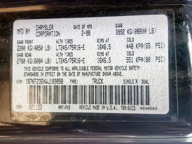 1B7KF236XWJ189858 - 1998 DODGE RAM 2500 BLACK photo 10