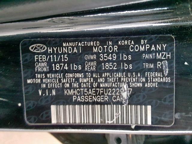 KMHCT5AE7FU222947 - 2015 HYUNDAI ACCENT GS BLACK photo 10