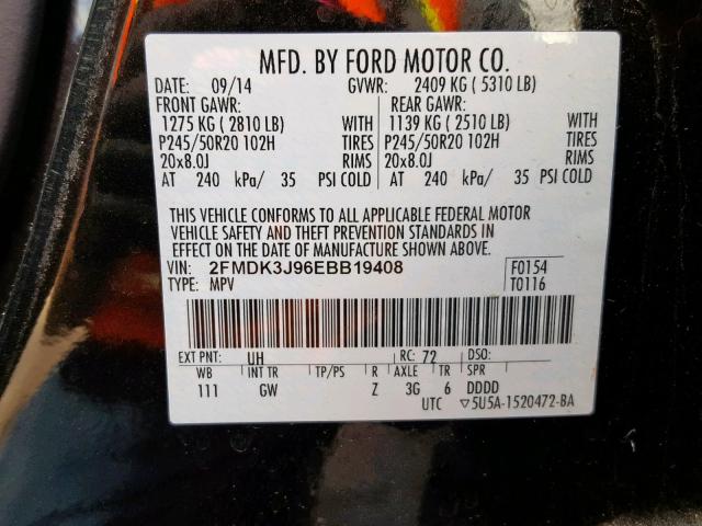 2FMDK3J96EBB19408 - 2014 FORD EDGE SEL BLACK photo 10