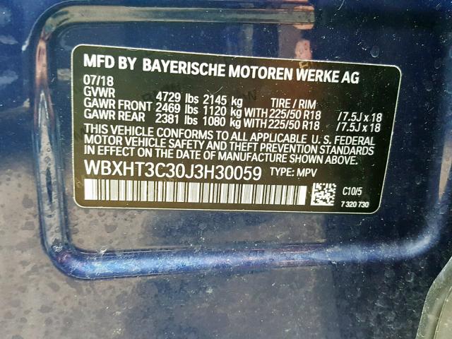 WBXHT3C30J3H30059 - 2018 BMW X1 XDRIVE2 BLUE photo 10