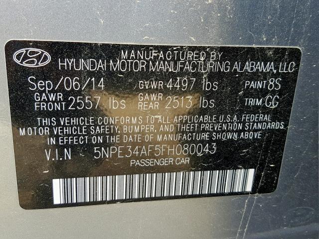 5NPE34AF5FH080043 - 2015 HYUNDAI SONATA SPO SILVER photo 10