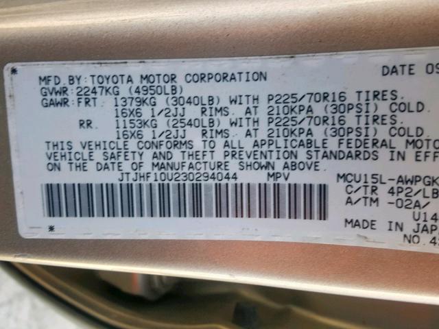 JTJHF10U230294044 - 2003 LEXUS RX 300 GOLD photo 10