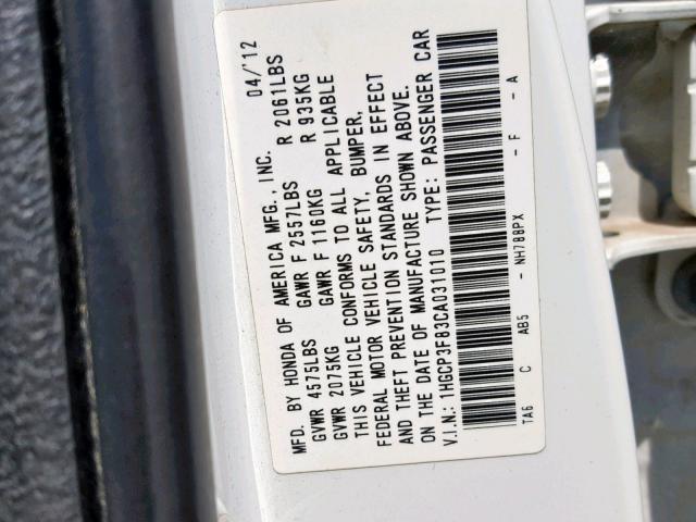 1HGCP3F83CA031010 - 2012 HONDA ACCORD EXL WHITE photo 10