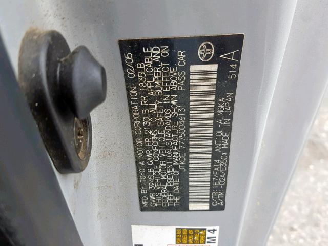 JTKDE177750046131 - 2005 TOYOTA SCION TC ვერცხლისფერი ფოტო 10