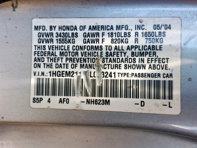 1HGEM21114L063241 - 2004 HONDA CIVIC DX V SILVER photo 10