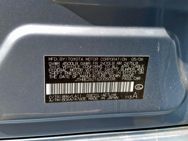 JTHBE262162005038 - 2006 LEXUS IS 350 BLUE photo 10